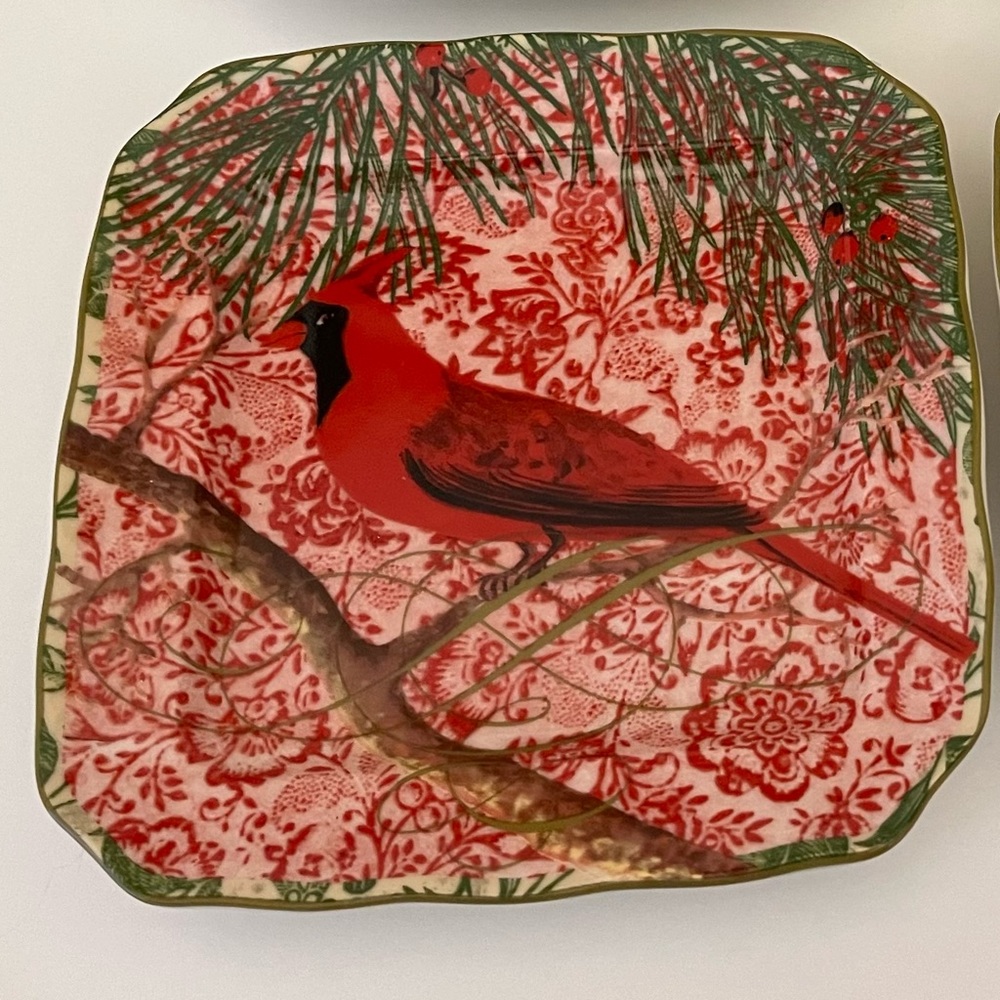 222 Fifth Holiday Set of 4 Decoupage Square Cardinal Appetizer Plates
